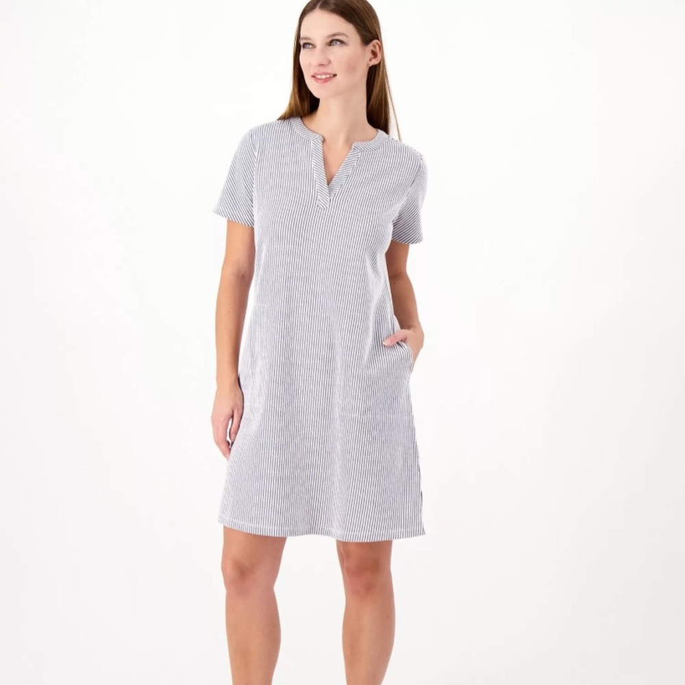 Isaac Mizrahi Navy and White Striped V-Neck Seersucker Dress